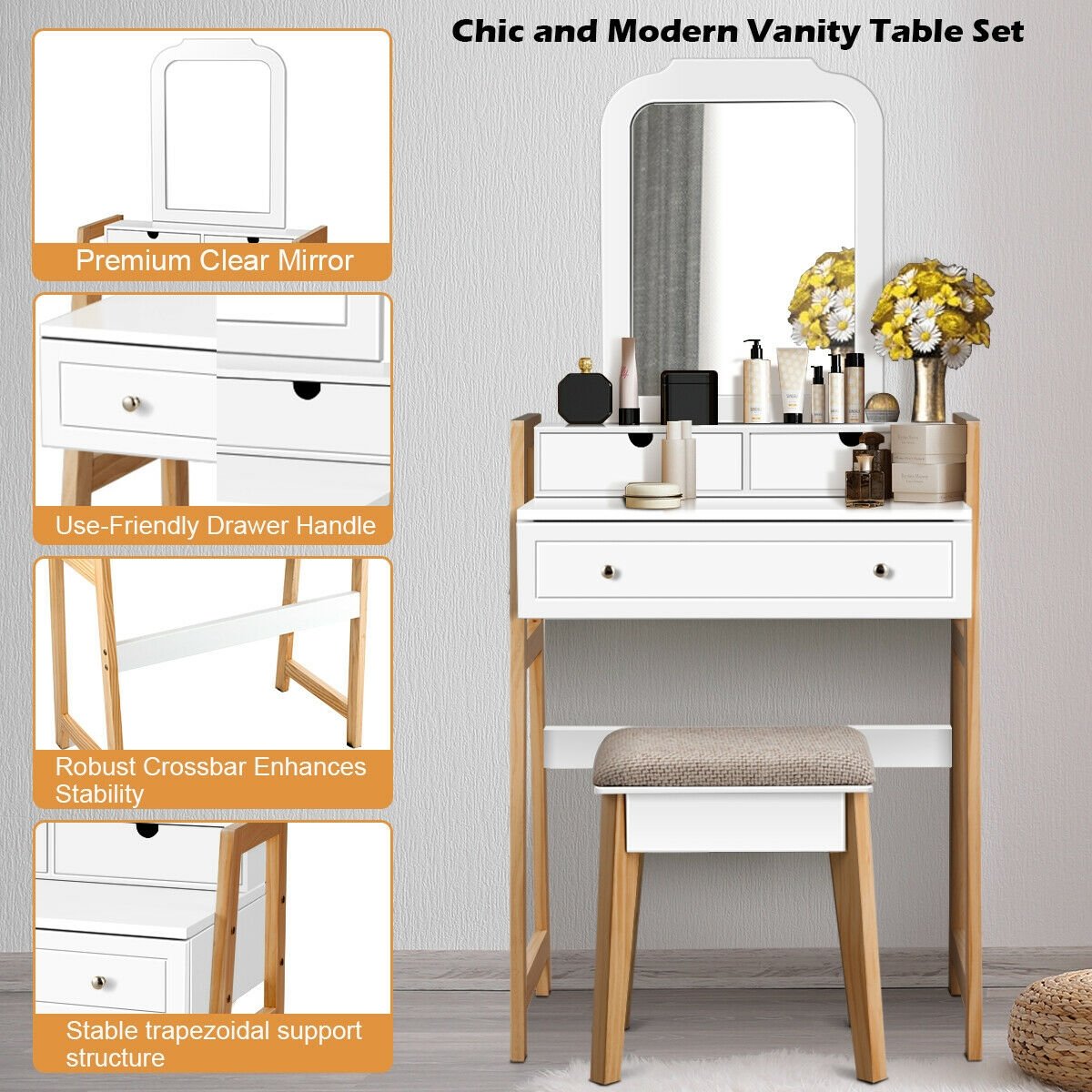 Vanity Table Set with Cushioned Stool and Large Mirror, White - Gallery Canada