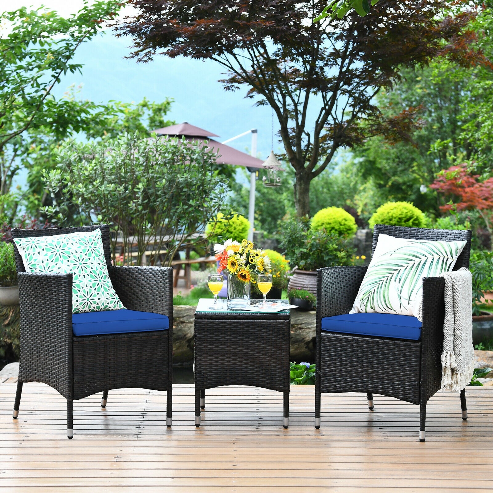 3 Pcs Patio Furniture Set Outdoor Wicker Rattan Set, Navy Patio Conversation Sets at Gallery Canada