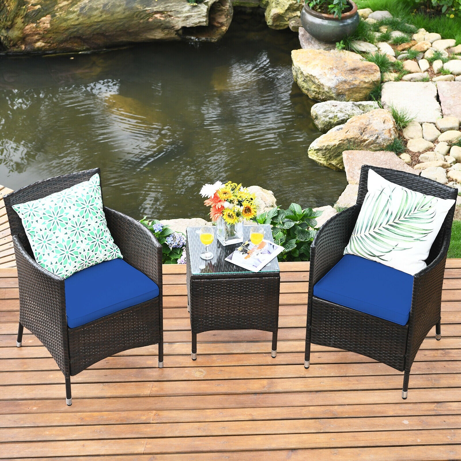 3 Pcs Patio Furniture Set Outdoor Wicker Rattan Set, Navy Patio Conversation Sets at Gallery Canada