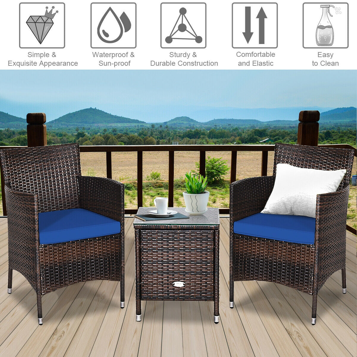 3 Pcs Patio Furniture Set Outdoor Wicker Rattan Set, Navy Patio Conversation Sets at Gallery Canada