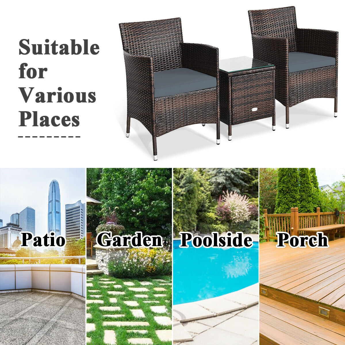 3 Pieces Patio Furniture Set Outdoor Wicker Rattan Set, Gray Patio Conversation Sets at Gallery Canada