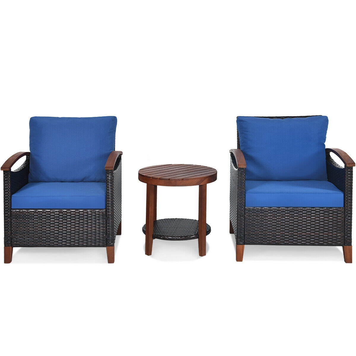 3 Pcs Solid Wood Rattan Patio Set, Blue