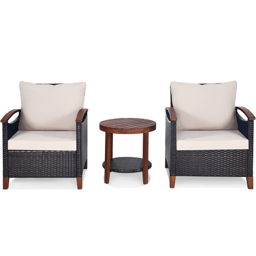 3 Pieces Patio Wicker Furniture Set with Washable Cushion and Acacia Wood Tabletop, Beige