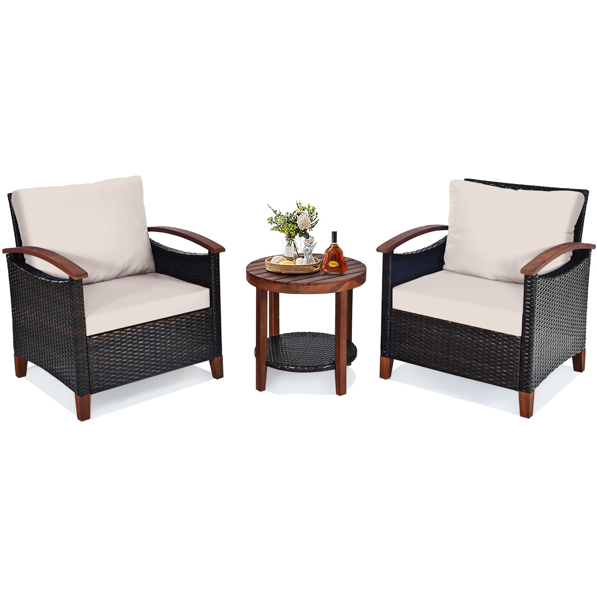 3 Pieces Patio Wicker Furniture Set with Washable Cushion and Acacia Wood Tabletop, Beige Patio Conversation Sets at Gallery Canada
