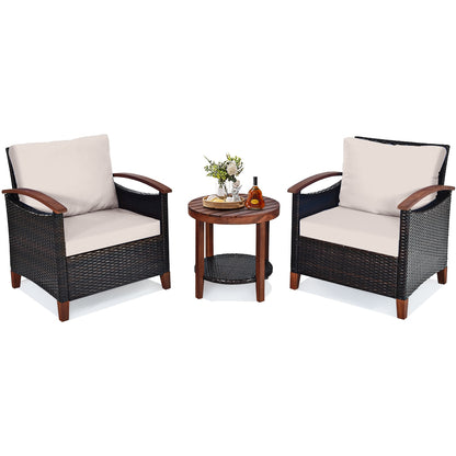 3 Pieces Patio Wicker Furniture Set with Washable Cushion and Acacia Wood Tabletop, Beige Patio Conversation Sets at Gallery Canada