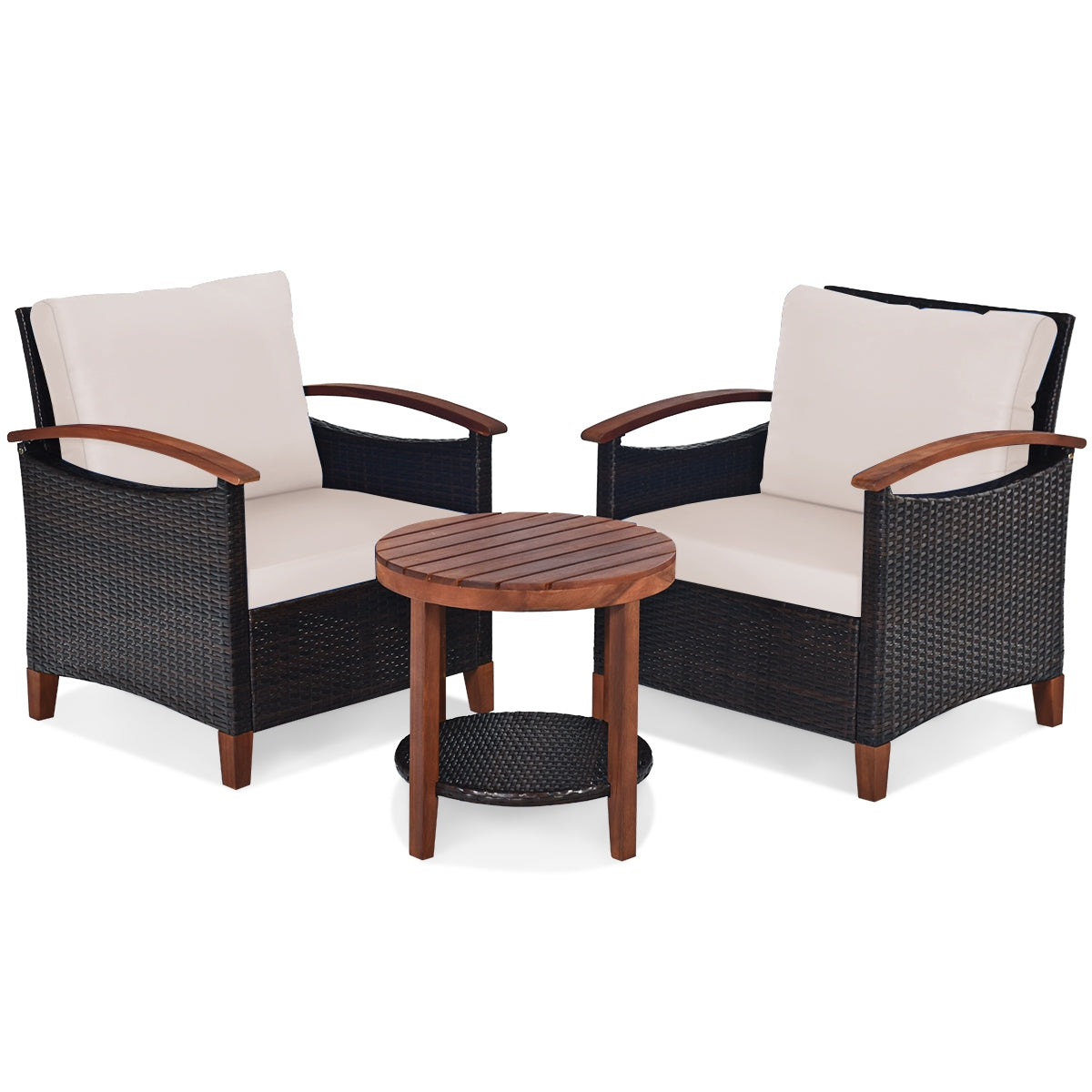 3 Pieces Patio Wicker Furniture Set with Washable Cushion and Acacia Wood Tabletop, Beige Patio Conversation Sets at Gallery Canada