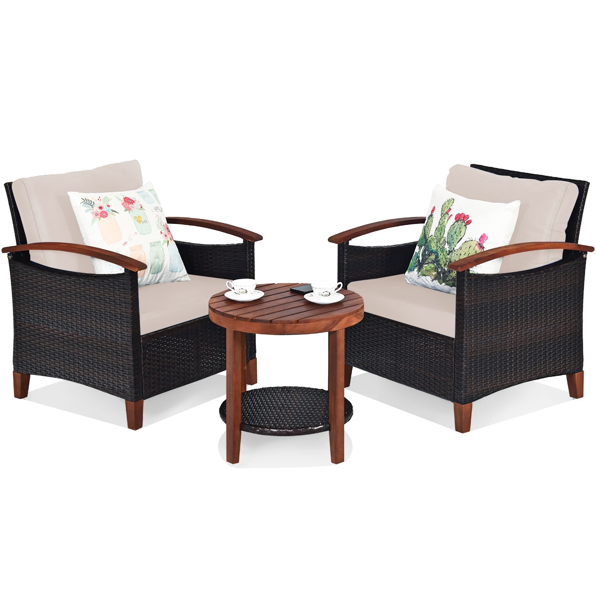 3 Pieces Patio Wicker Furniture Set with Washable Cushion and Acacia Wood Tabletop, Beige Patio Conversation Sets at Gallery Canada