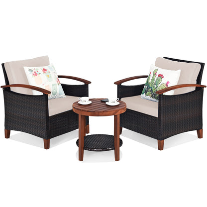 3 Pieces Patio Wicker Furniture Set with Washable Cushion and Acacia Wood Tabletop, Beige Patio Conversation Sets at Gallery Canada