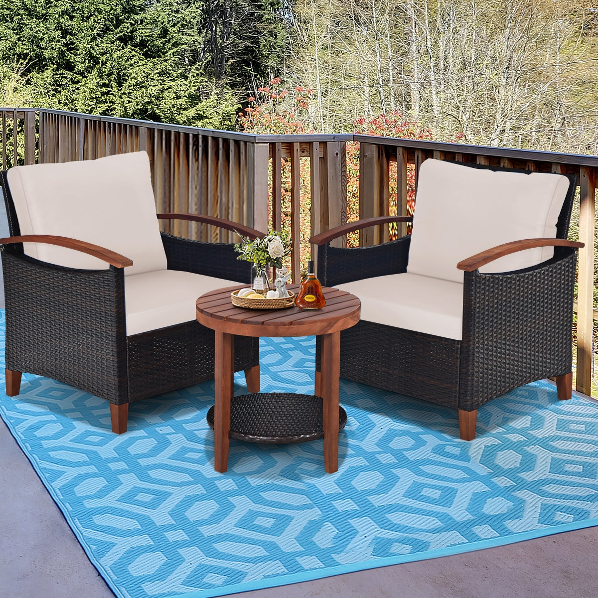3 Pieces Patio Wicker Furniture Set with Washable Cushion and Acacia Wood Tabletop, Beige Patio Conversation Sets at Gallery Canada