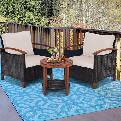 3 Pieces Patio Wicker Furniture Set with Washable Cushion and Acacia Wood Tabletop, Beige Patio Conversation Sets at Gallery Canada