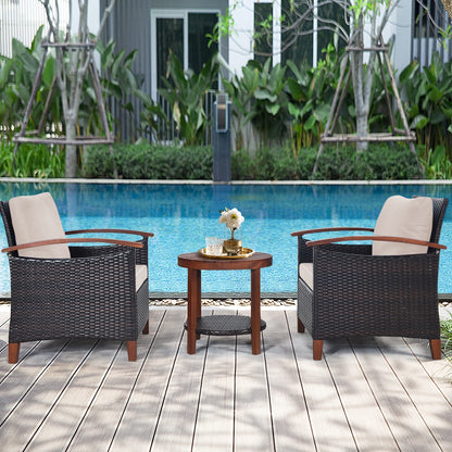 3 Pieces Patio Wicker Furniture Set with Washable Cushion and Acacia Wood Tabletop, Beige Patio Conversation Sets at Gallery Canada