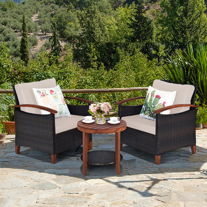 3 Pieces Patio Wicker Furniture Set with Washable Cushion and Acacia Wood Tabletop, Beige Patio Conversation Sets at Gallery Canada