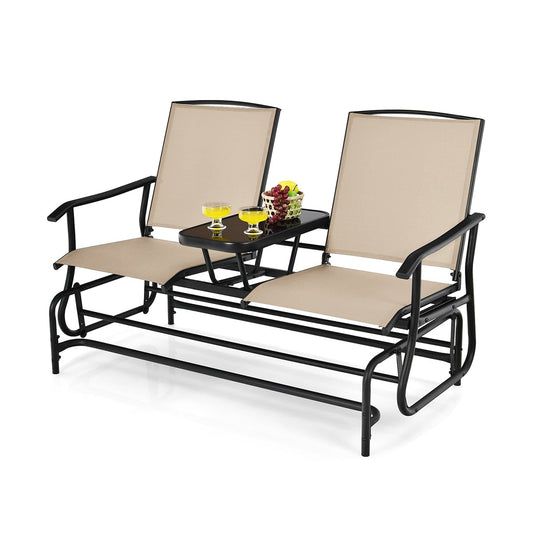 2-Person Double Rocking Loveseat, Mesh Fabric, Tempered Glass Table, Beige Patio Conversation Sets Beige at Gallery Canada