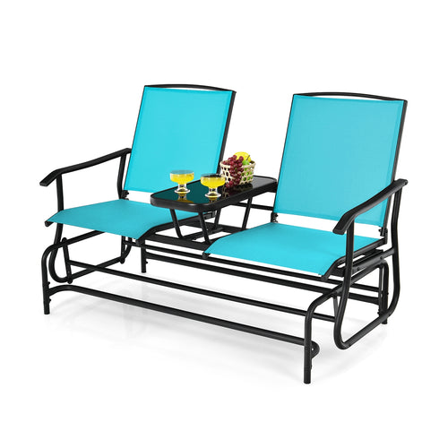 2-Person Rocking Loveseat, Mesh Fabric, Center Tempered Glass Table, Turquoise