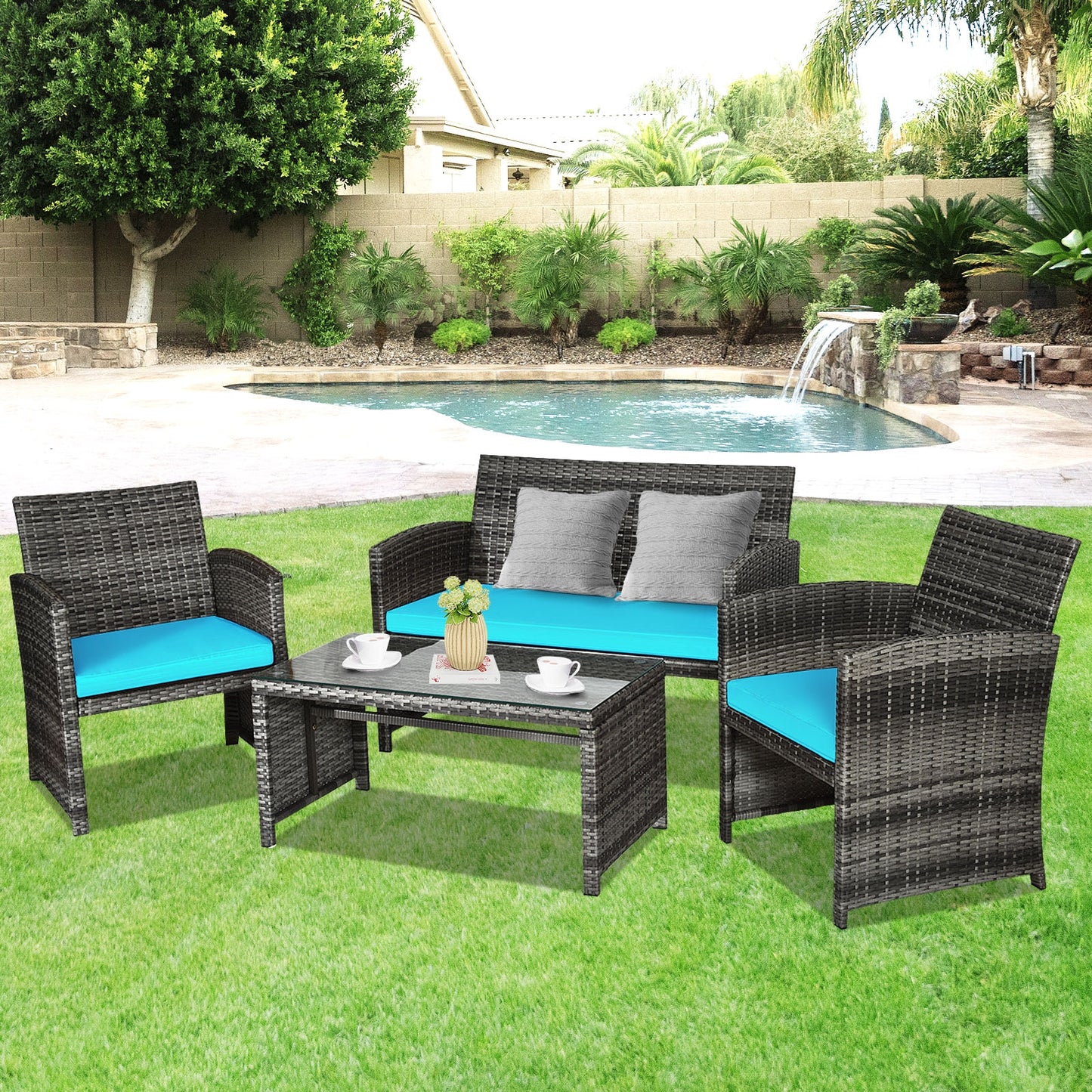 4 Pieces Patio Rattan Furniture Set with Cushions, Turquoise Patio Conversation Sets at Gallery Canada