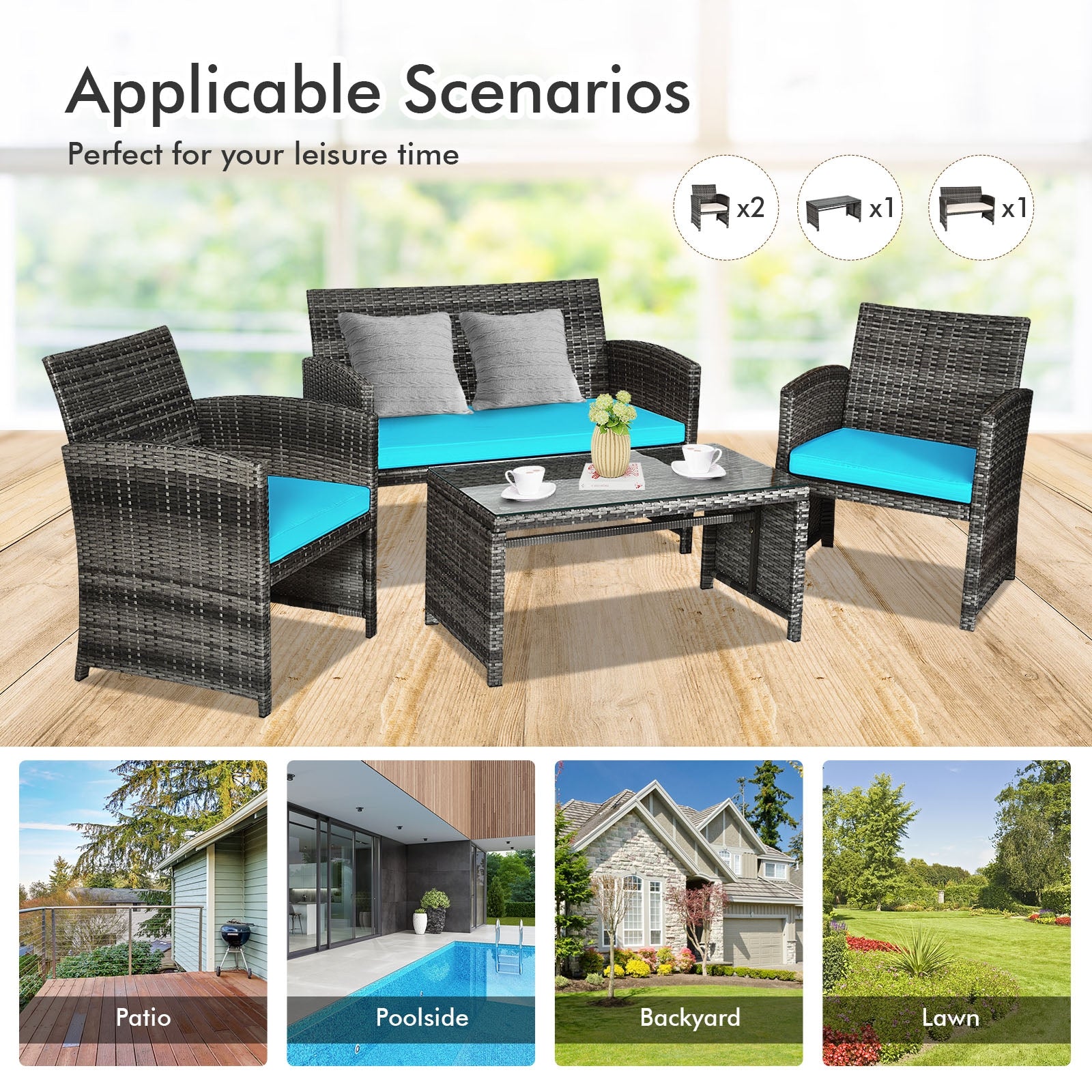 4 Pieces Patio Rattan Furniture Set with Cushions, Turquoise Patio Conversation Sets at Gallery Canada