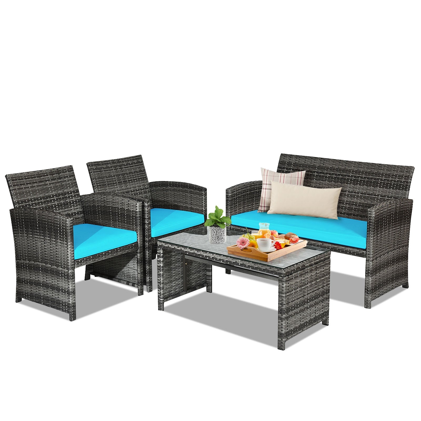4 Pieces Patio Rattan Furniture Set with Cushions, Turquoise Patio Conversation Sets Turquoise at Gallery Canada