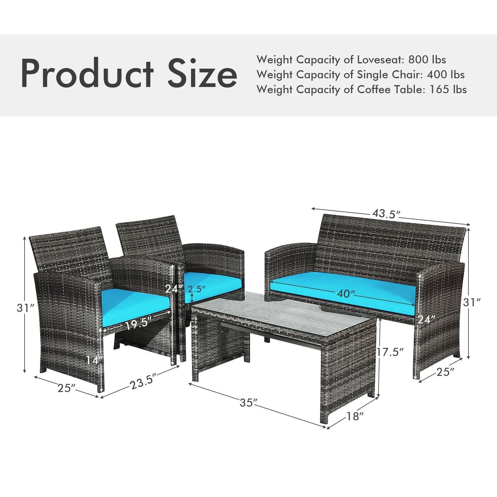 4 Pieces Patio Rattan Furniture Set with Cushions, Turquoise Patio Conversation Sets at Gallery Canada