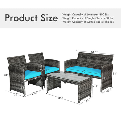 4 Pieces Patio Rattan Furniture Set with Cushions, Turquoise Patio Conversation Sets at Gallery Canada