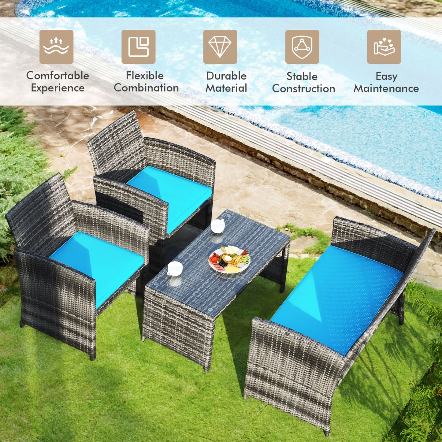 4 Pieces Patio Rattan Furniture Set with Cushions, Turquoise Patio Conversation Sets at Gallery Canada