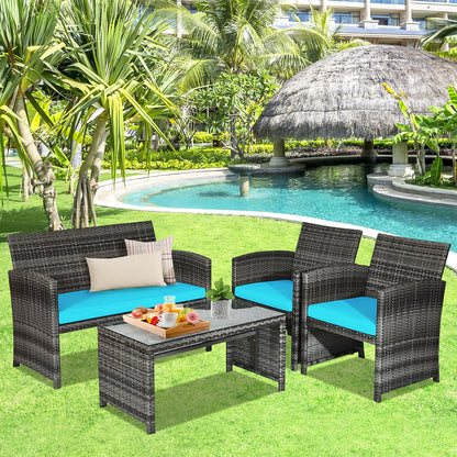 4 Pieces Patio Rattan Furniture Set with Cushions, Turquoise Patio Conversation Sets at Gallery Canada