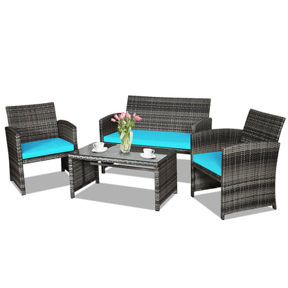 4 Pieces Patio Rattan Furniture Set with Cushions, Turquoise Patio Conversation Sets at Gallery Canada