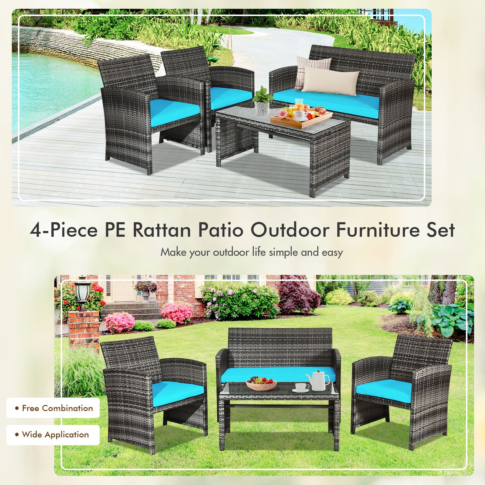4 Pieces Patio Rattan Furniture Set with Cushions, Turquoise Patio Conversation Sets at Gallery Canada