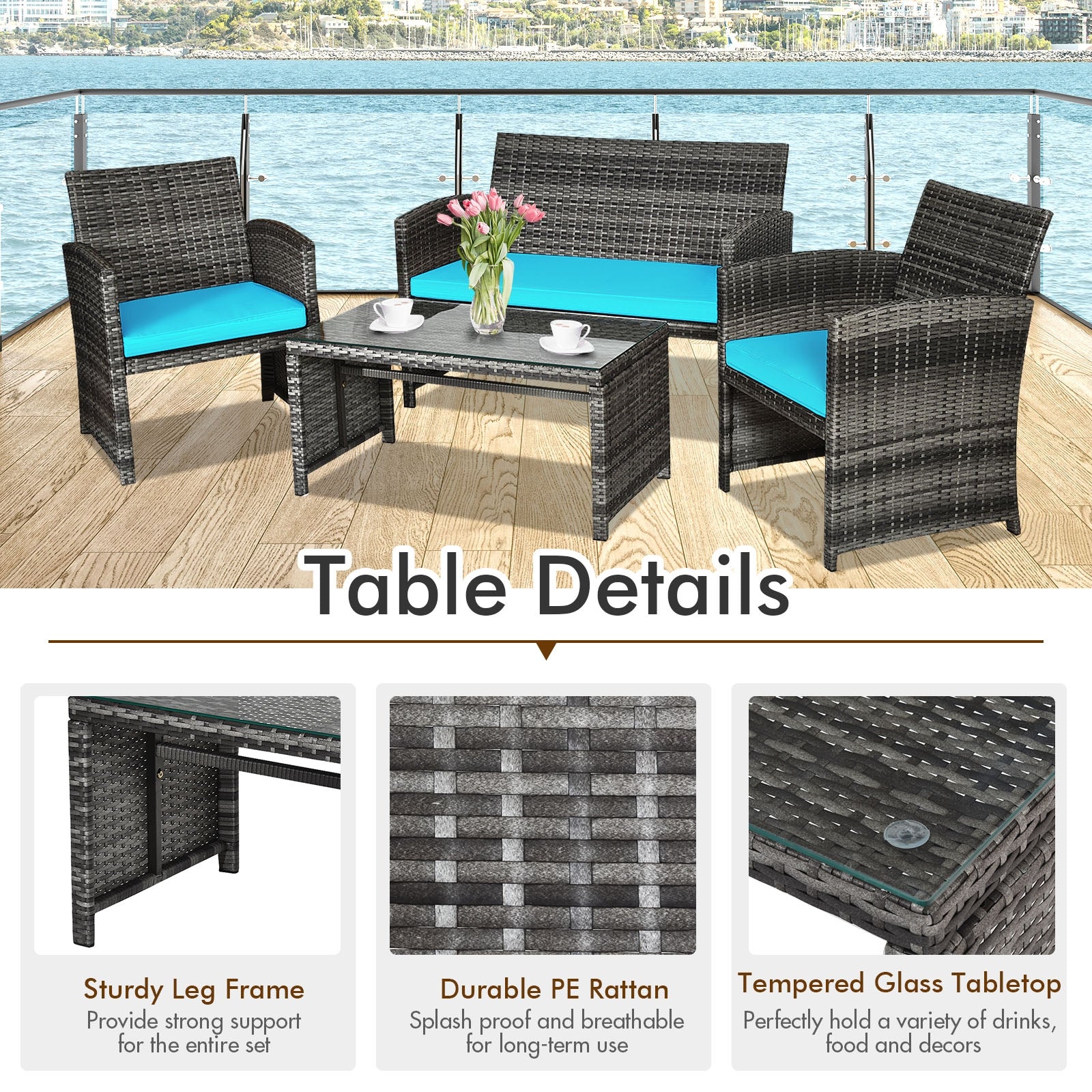 4 Pieces Patio Rattan Furniture Set with Cushions, Turquoise Patio Conversation Sets at Gallery Canada