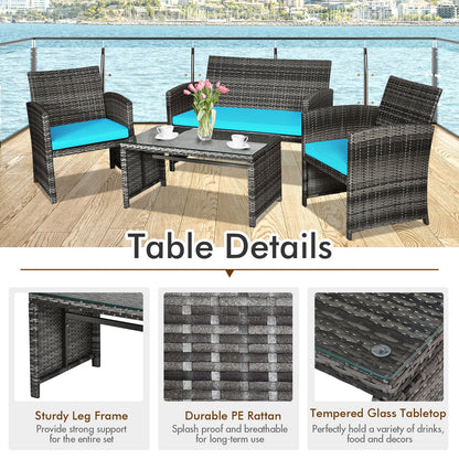 4 Pieces Patio Rattan Furniture Set with Cushions, Turquoise Patio Conversation Sets at Gallery Canada