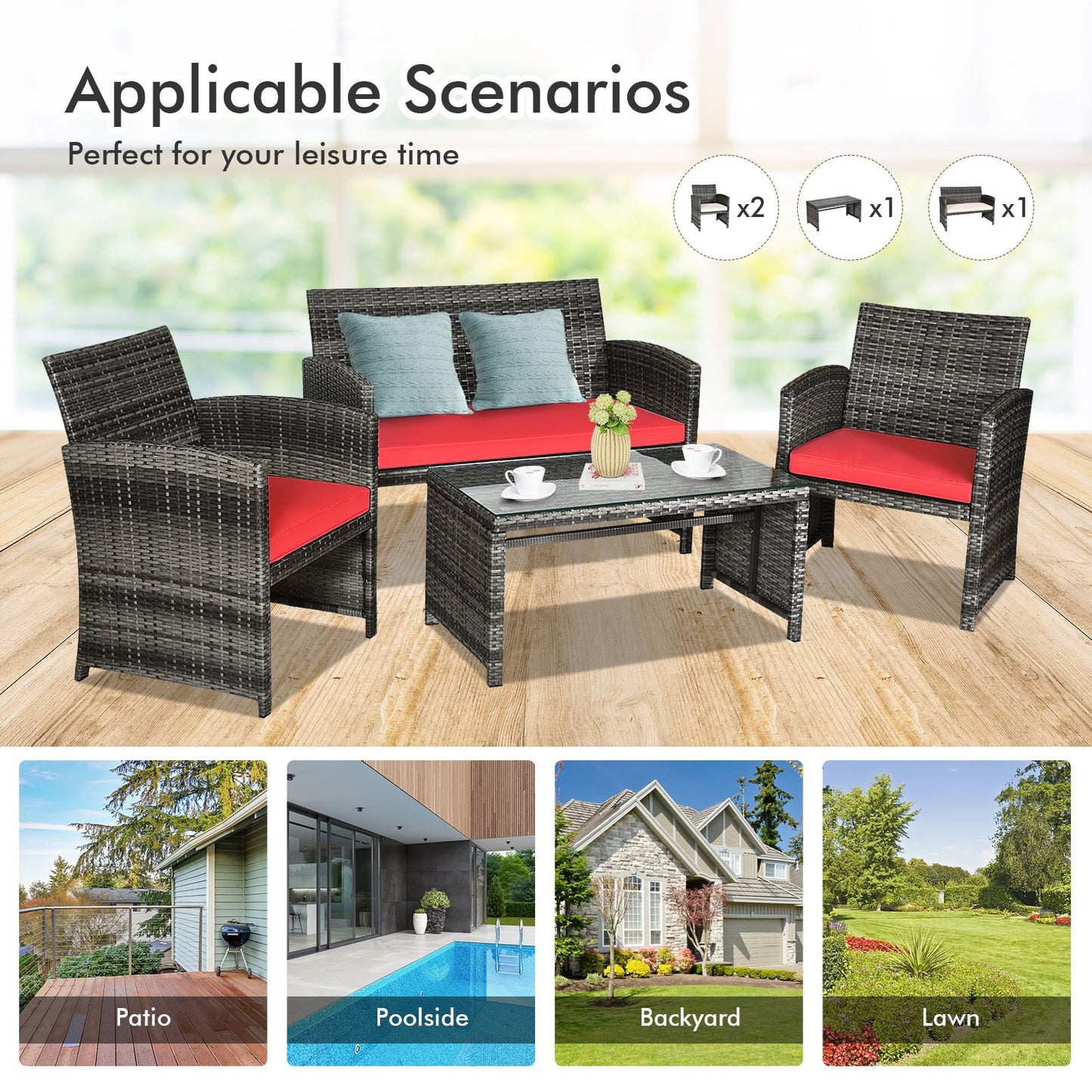 4 Pieces Patio Rattan Furniture Set with Cushions, Red Patio Conversation Sets at Gallery Canada