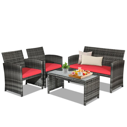 4 Pieces Patio Rattan Furniture Set with Cushions, Red Patio Conversation Sets at Gallery Canada