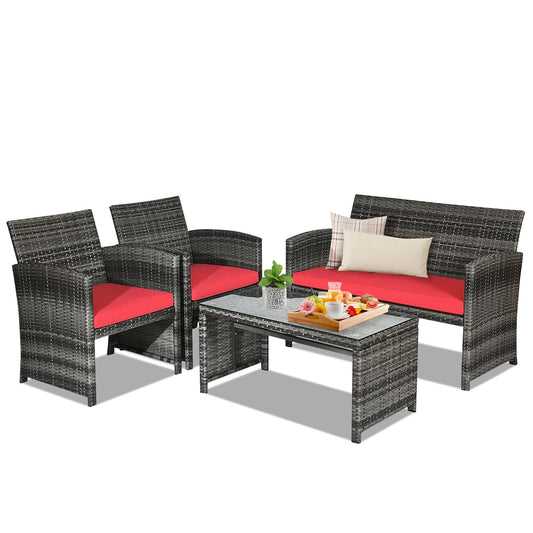 4 Piece Patio Rattan Furniture Set With Cushions, Red