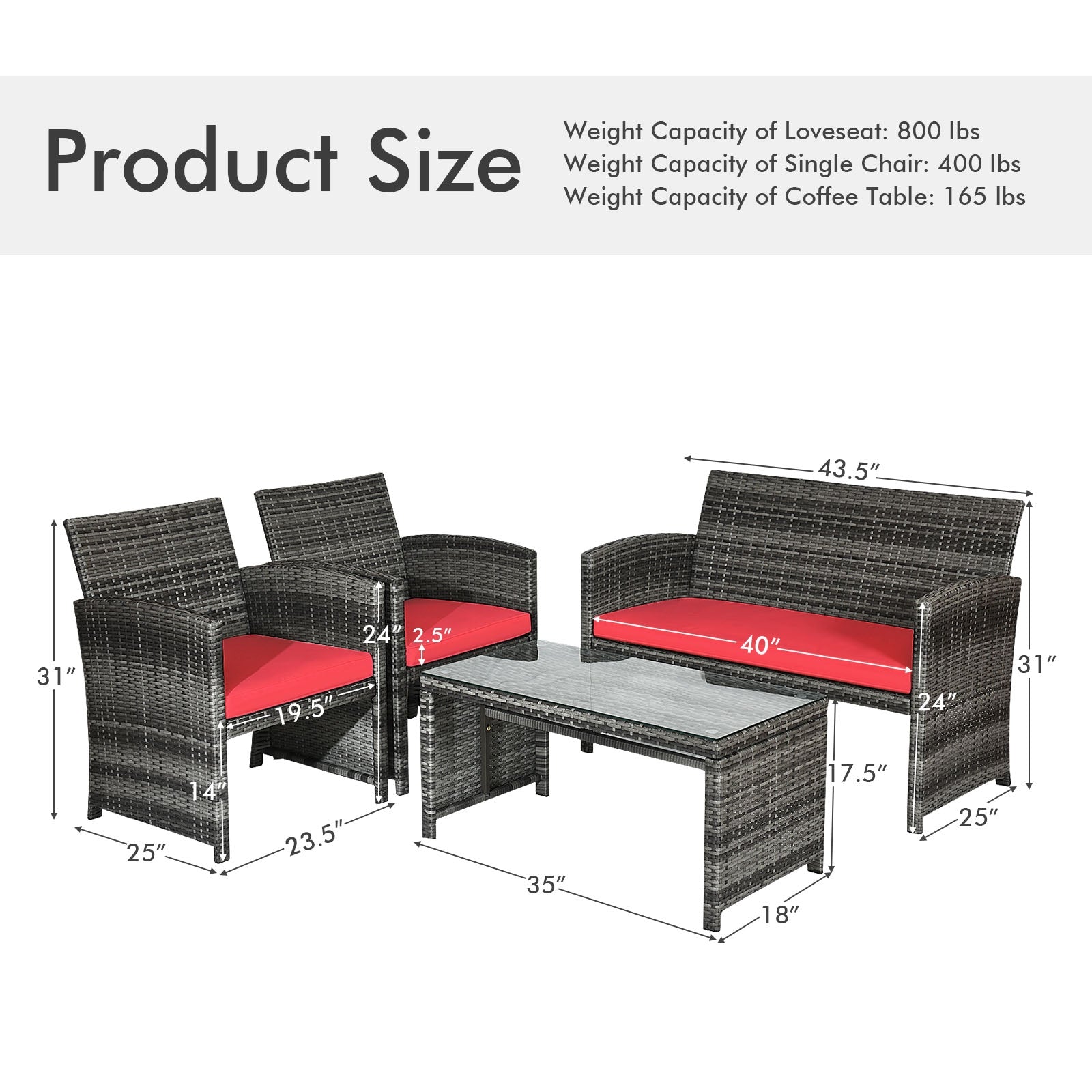 4 Pieces Patio Rattan Furniture Set with Cushions, Red Patio Conversation Sets at Gallery Canada
