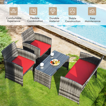 4 Pieces Patio Rattan Furniture Set with Cushions, Red Patio Conversation Sets at Gallery Canada