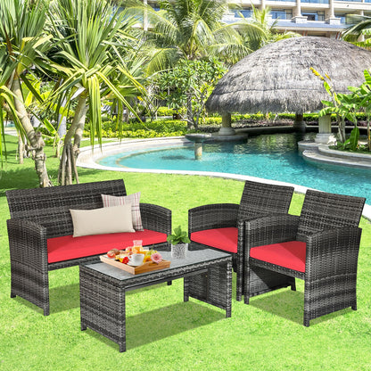 4 Pieces Patio Rattan Furniture Set with Cushions, Red Patio Conversation Sets at Gallery Canada