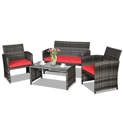 4 Pieces Patio Rattan Furniture Set with Cushions, Red Patio Conversation Sets at Gallery Canada