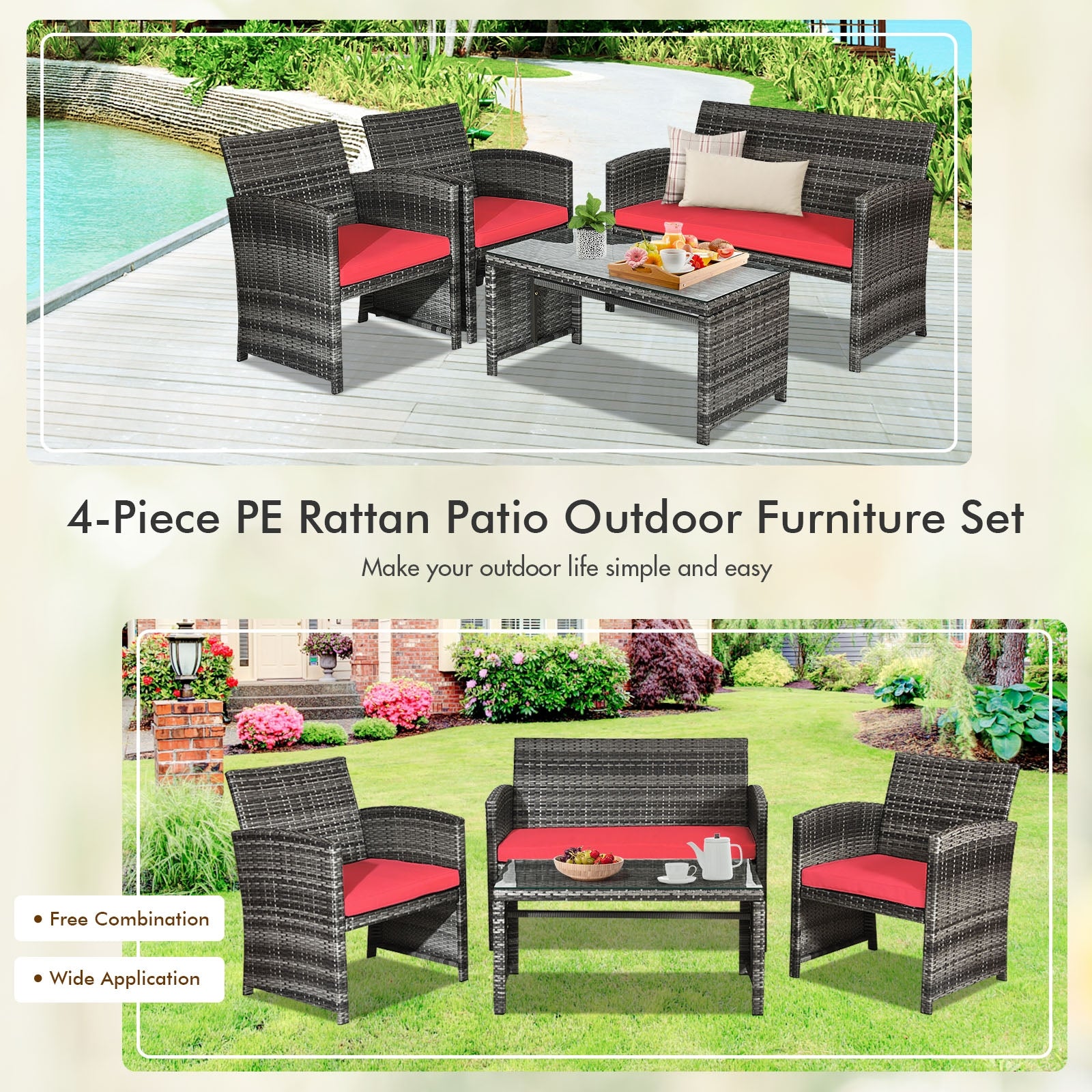 4 Pieces Patio Rattan Furniture Set with Cushions, Red Patio Conversation Sets at Gallery Canada
