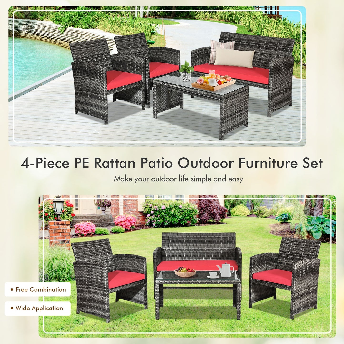 4 Pieces Patio Rattan Furniture Set with Cushions, Red Patio Conversation Sets at Gallery Canada