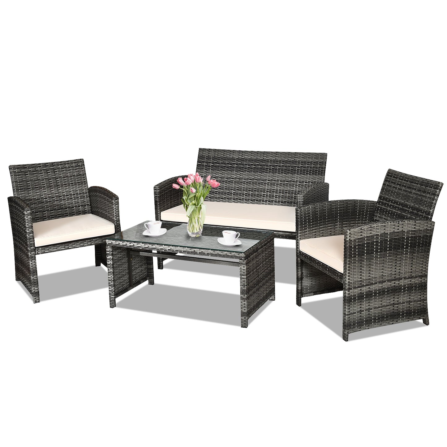 4 Pcs Patio Rattan Furniture Set Top Sofa With Glass Table, White Patio Conversation Sets White at Gallery Canada