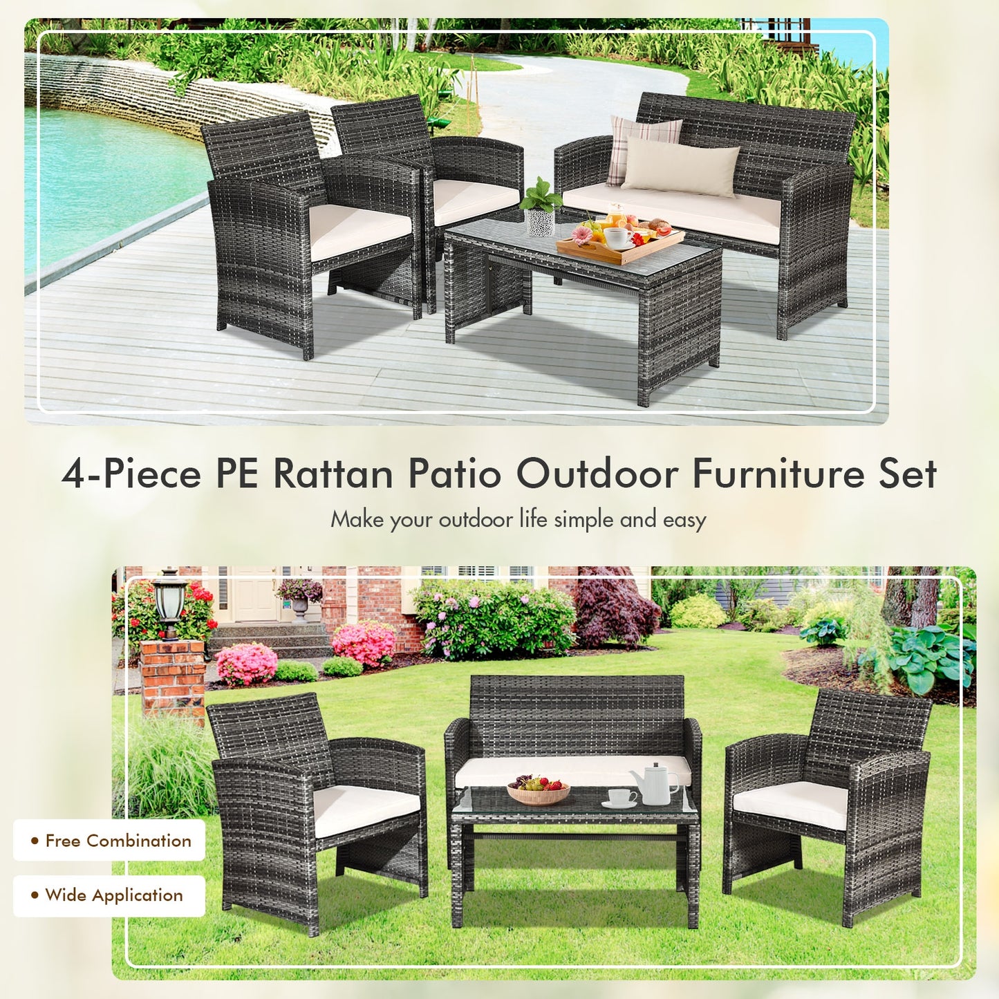 4 Pcs Patio Rattan Furniture Set Top Sofa With Glass Table, White Patio Conversation Sets at Gallery Canada