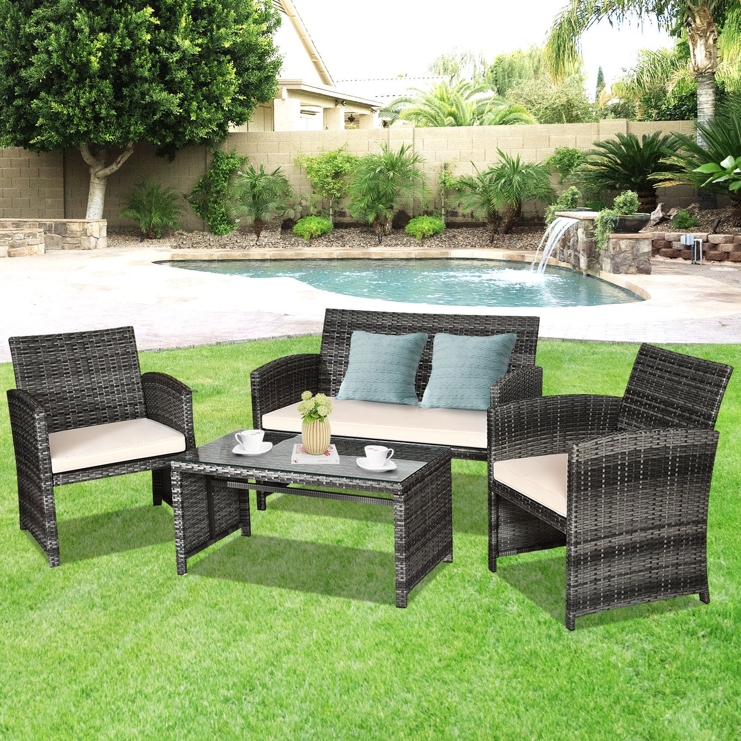 4 Pcs Patio Rattan Furniture Set Top Sofa With Glass Table, White Patio Conversation Sets at Gallery Canada
