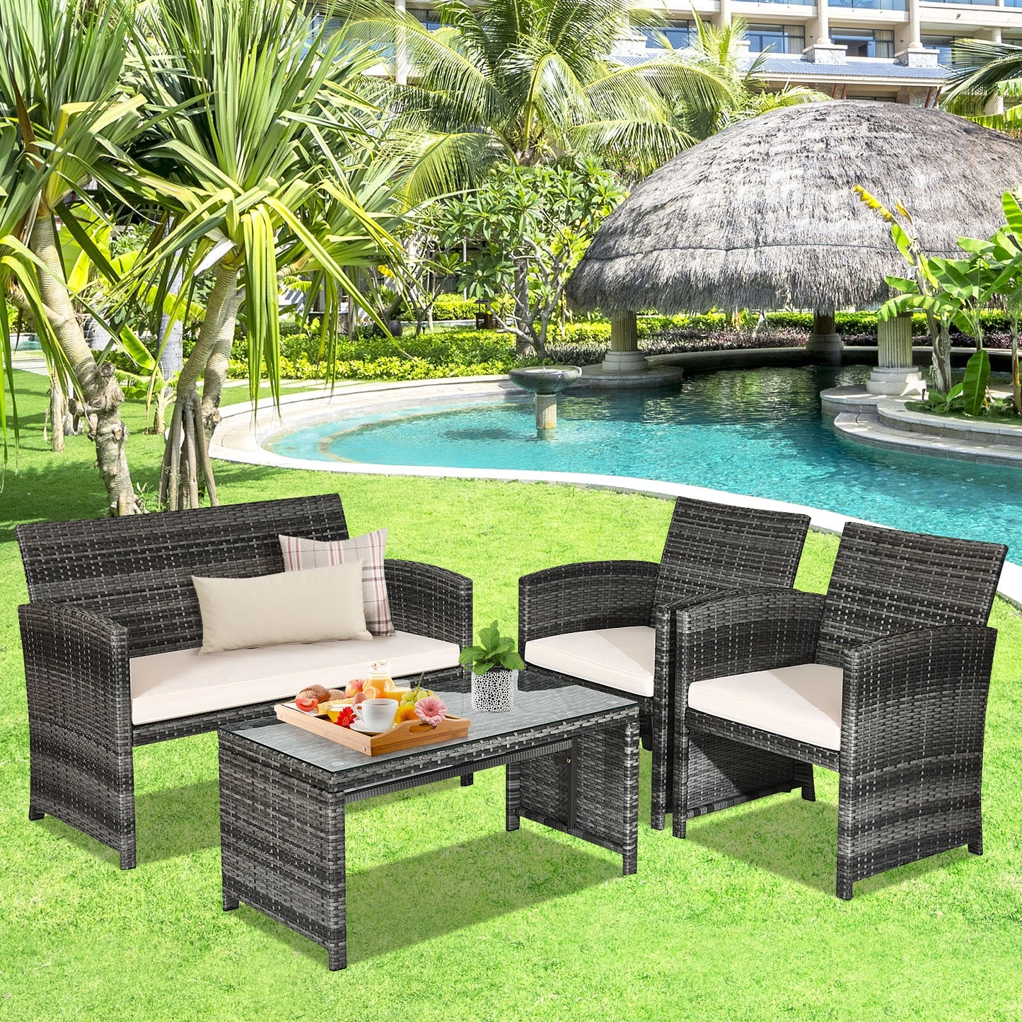 4 Pcs Patio Rattan Furniture Set Top Sofa With Glass Table, White Patio Conversation Sets at Gallery Canada