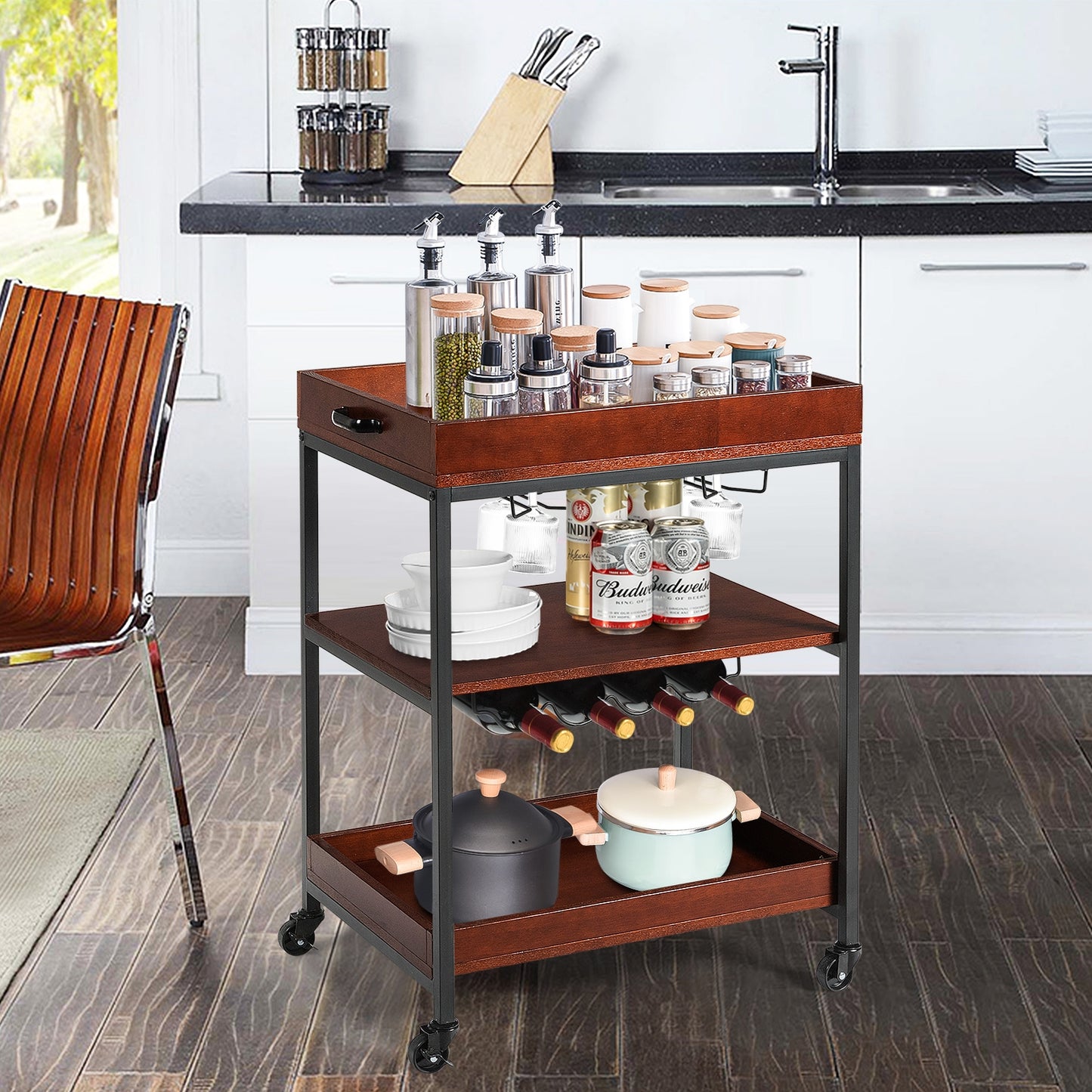 3 Tiers Kitchen Island Serving Bar Cart with Glasses Holder and Wine Bottle Rack, Brown Baker's Racks at Gallery Canada