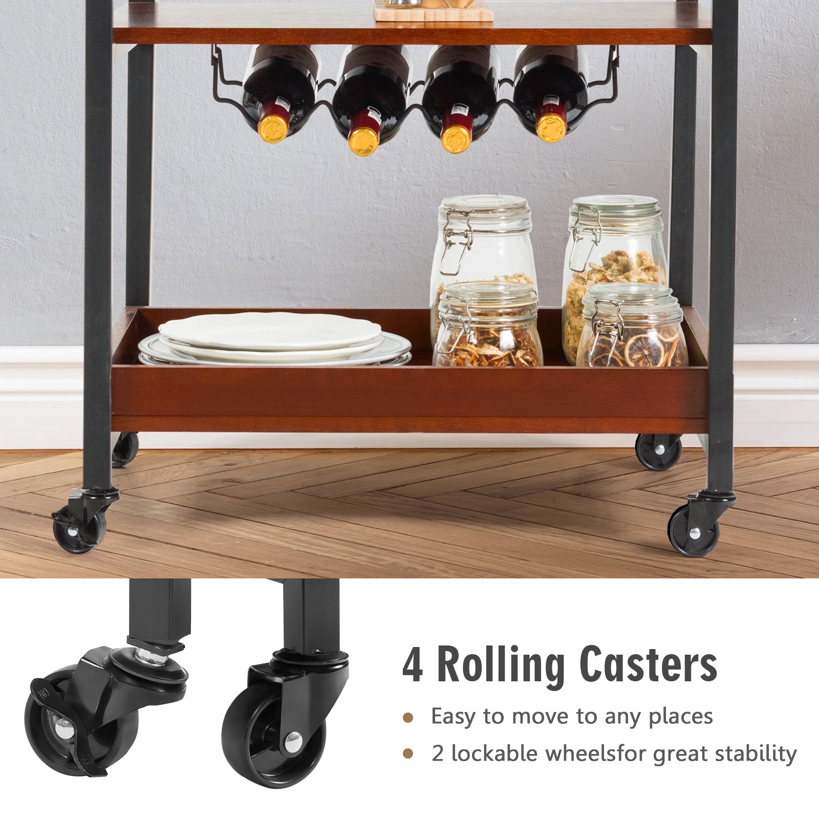 3 Tiers Kitchen Island Serving Bar Cart with Glasses Holder and Wine Bottle Rack, Brown Baker's Racks at Gallery Canada