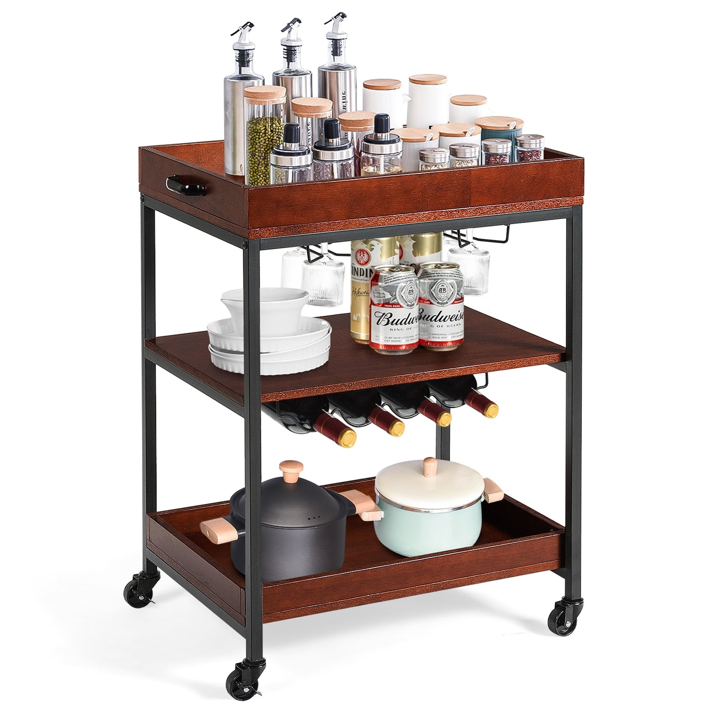 3 Tiers Kitchen Island Serving Bar Cart with Glasses Holder and Wine Bottle Rack, Brown Baker's Racks at Gallery Canada