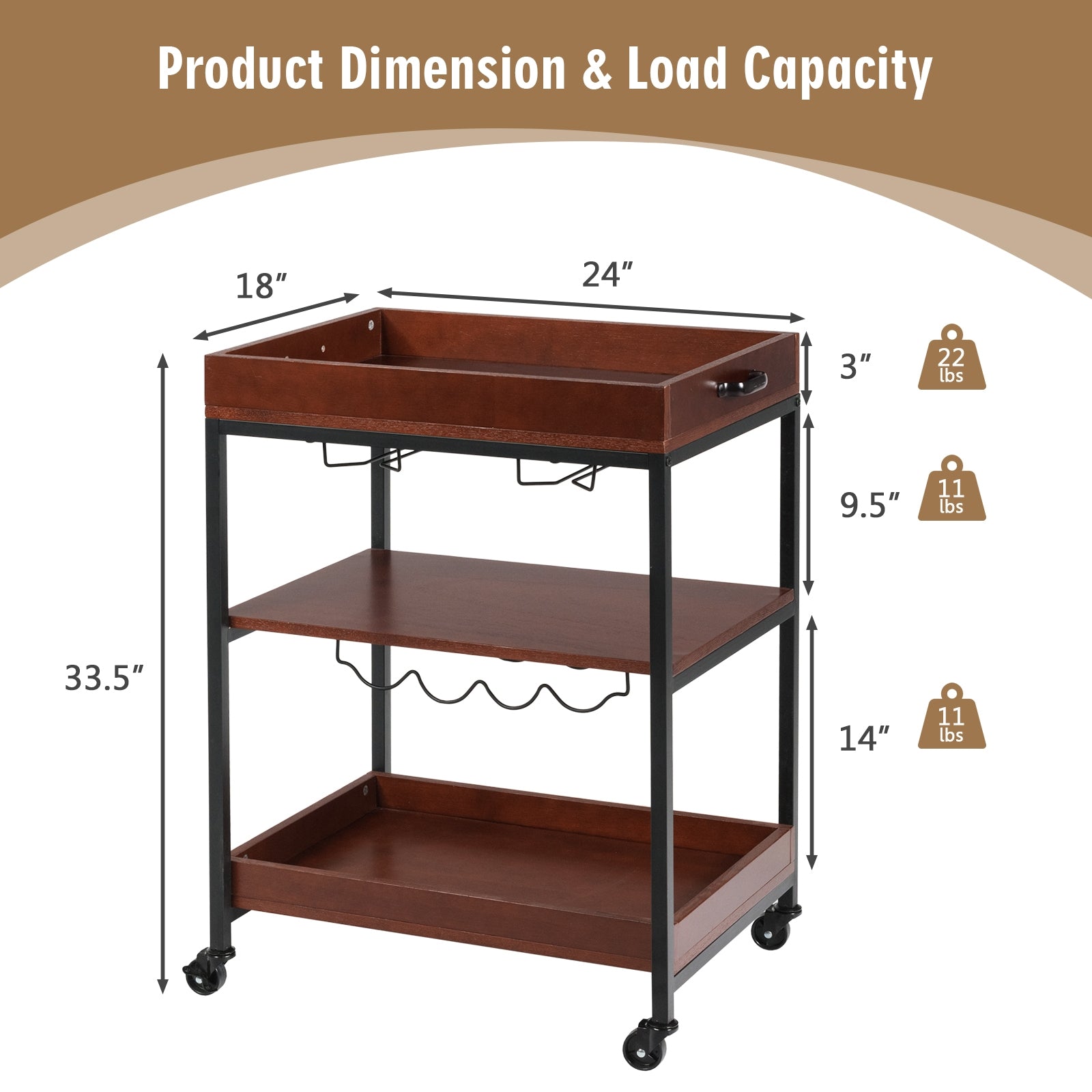 3 Tiers Kitchen Island Serving Bar Cart with Glasses Holder and Wine Bottle Rack, Brown Baker's Racks at Gallery Canada