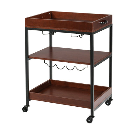 3 Tiers Kitchen Island Serving Bar Cart with Glasses Holder and Wine Bottle Rack, Brown Baker's Racks Brown at Gallery Canada