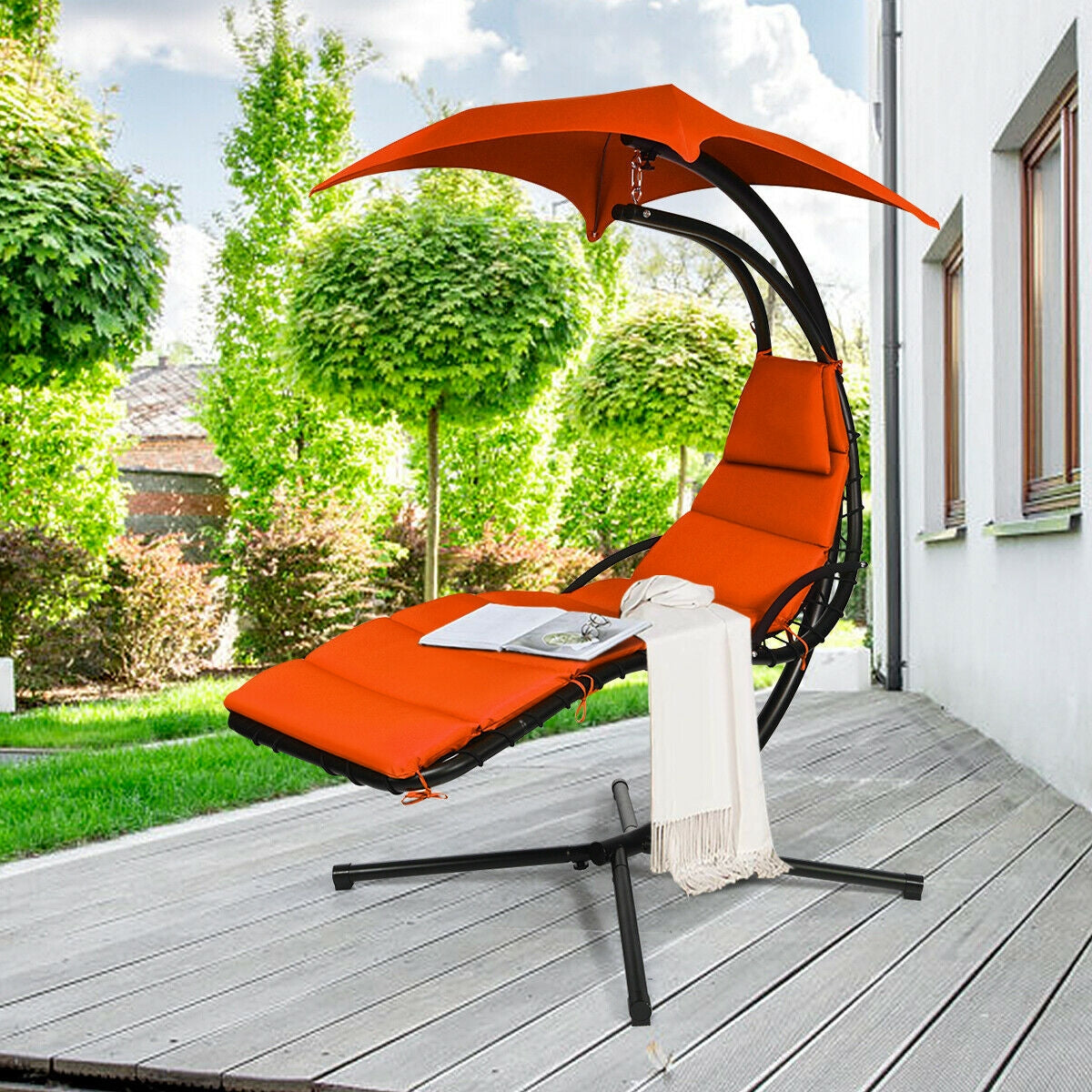 Hanging Stand Chaise Lounger Swing Chair with Pillow, Orange Outdoor Chaise Lounges at Gallery Canada