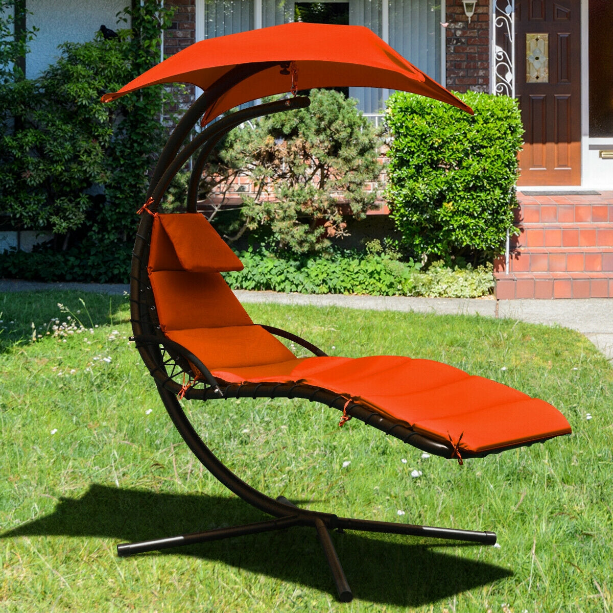 Hanging Stand Chaise Lounger Swing Chair with Pillow, Orange Outdoor Chaise Lounges at Gallery Canada