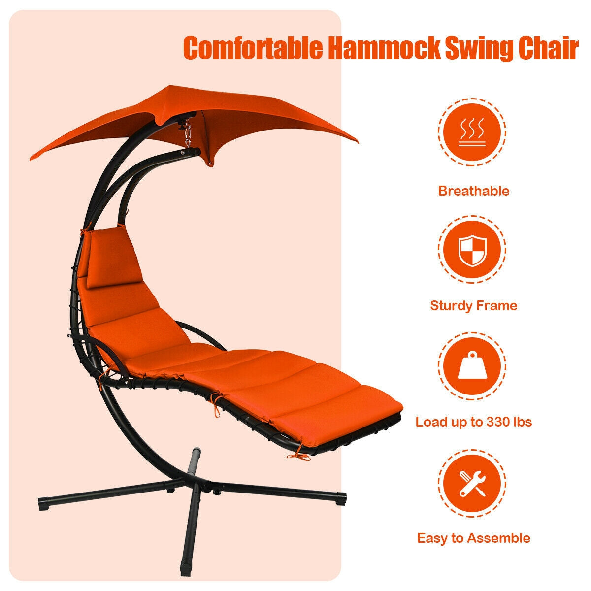 Hanging Stand Chaise Lounger Swing Chair with Pillow, Orange Outdoor Chaise Lounges at Gallery Canada